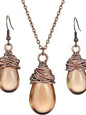 Boho Necklace and Earring Set Water Drop Pendant Cowgirl Brown